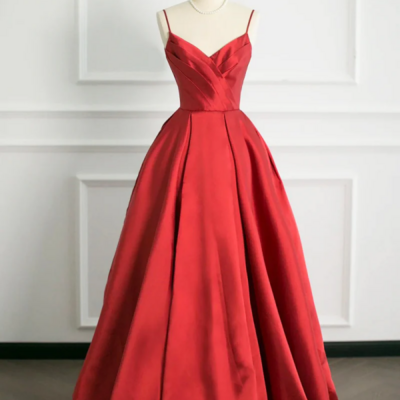 Red v neck satin long a line prom dress, simple a line backless evening party dress kpp1654