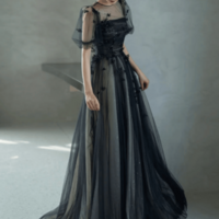 Black A Line Tulle with Lace Long Party Dress, Black Tulle Prom Dress KPP1655 - Thumbnail 1