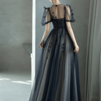 Black A Line Tulle with Lace Long Party Dress, Black Tulle Prom Dress KPP1655 - Thumbnail 2