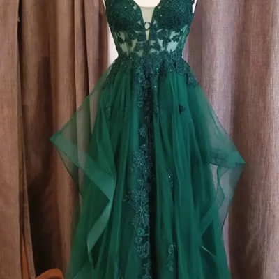 Green tulle v neck long prom dress with lace, v neck long green lace formal evening dress kpp1656