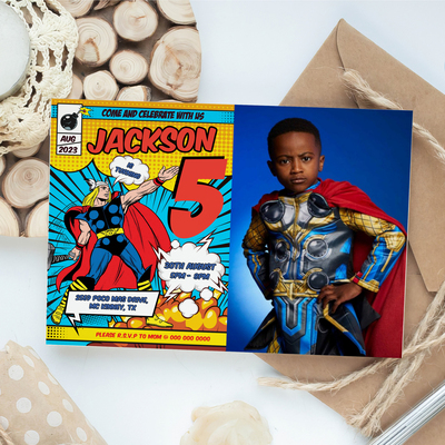 Thor any age birthday invitation with photo comic style canva editable instant download
