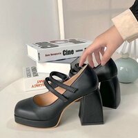 Vintage Elegant Leather Thick Heels Buckle Strap High Heel Pump Mary Janes Square Toe Women Pumps Shoes - Thumbnail 5