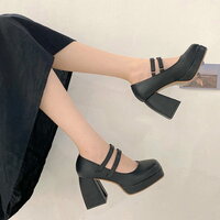 Vintage Elegant Leather Thick Heels Buckle Strap High Heel Pump Mary Janes Square Toe Women Pumps Shoes - Thumbnail 6