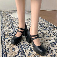 Vintage Elegant Leather Thick Heels Buckle Strap High Heel Pump Mary Janes Square Toe Women Pumps Shoes - Thumbnail 8