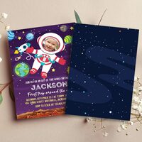 Astronaut First Trips 1st Birthday Invitation with photo Canva Editable - Thumbnail 1
