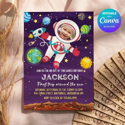 Astronaut first trips 1st birthday invitation with photo canva editable