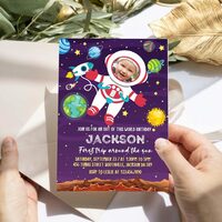 Astronaut First Trips 1st Birthday Invitation with photo Canva Editable - Thumbnail 3