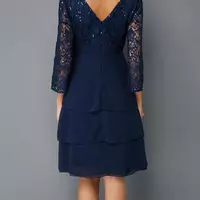  Stunning Navy Blue Short Mother of the Bride Dresses Lace Top With Sleeves V Neck Wedding Party Gowns Tiered Skirt - Thumbnail 1