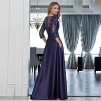 Charming A Line Purple Lace Jewel Neck Mother of the Bride Dresses With Three Quarter Sleeves Wedding - Thumbnail 1