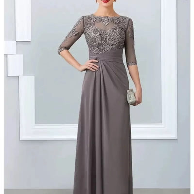 A-line gray mother of the bride dress elegant jewel neck floor length chiffon half sleeves appliques lace wedding party gown