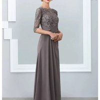 A-line Gray Mother of the Bride Dress Elegant Jewel Neck Floor Length Chiffon Half Sleeves Appliques Lace Wedding Party Gown - Thumbnail 2