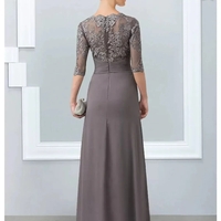 A-line Gray Mother of the Bride Dress Elegant Jewel Neck Floor Length Chiffon Half Sleeves Appliques Lace Wedding Party Gown - Thumbnail 3