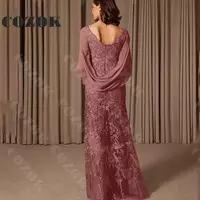 Elegant Appliques Mother of the Bride Dresses 2024 V Neck With Sleeve Mermaid Floor-Length Women Formal Gowns Custom - Thumbnail 1