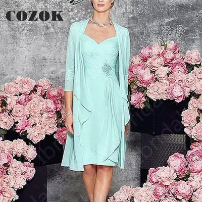 Chiffon classic short two pieces mother of the bride dresses with jacket knee length illusion wedding party gowns 