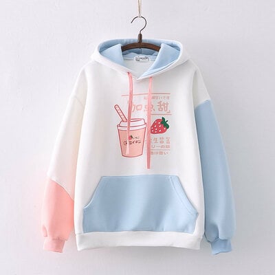 College style cartoon drink strawberry print hooded plush hoodie