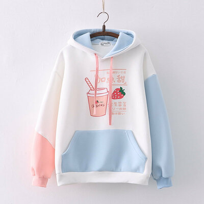 College Style Cartoon Drink Strawberry Print Hooded Plush Hoodie
