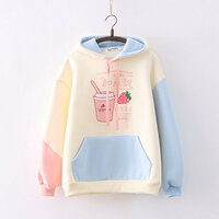 College Style Cartoon Drink Strawberry Print Hooded Plush Hoodie - Thumbnail 1