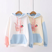 College Style Cartoon Drink Strawberry Print Hooded Plush Hoodie - Thumbnail 2