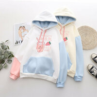 College Style Cartoon Drink Strawberry Print Hooded Plush Hoodie - Thumbnail 3
