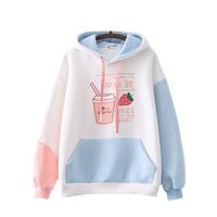 College Style Cartoon Drink Strawberry Print Hooded Plush Hoodie - Thumbnail 5