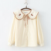 College style large lapel embroidered squirrel lace-up long-sleeved blouses - Thumbnail 2