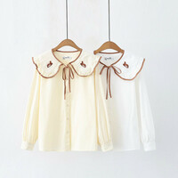 College style large lapel embroidered squirrel lace-up long-sleeved blouses - Thumbnail 4