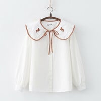 College style large lapel embroidered squirrel lace-up long-sleeved blouses - Thumbnail 5