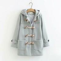 College style horn button wool mid-length autumn and winter coat - Thumbnail 2