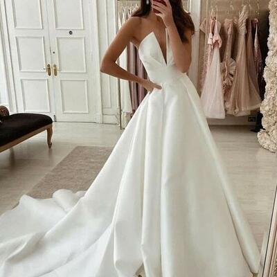 Princess simple satin unique wedding dresses prom dresses