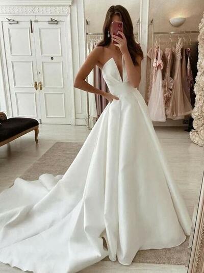 Princess Simple Satin Unique Wedding Dresses Prom Dresses