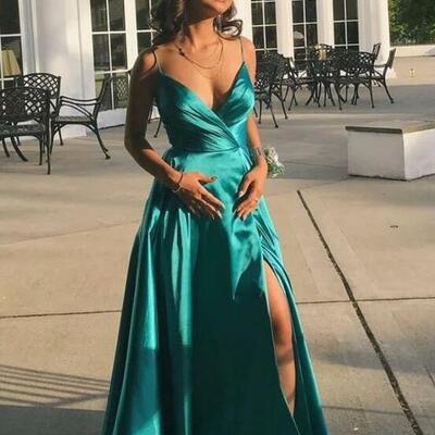 Simple a-line green satin prom dress with spaghetti straps - Thumbnail 4