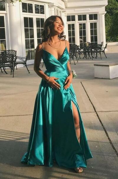 Simple A-line green satin prom dress with spaghetti straps