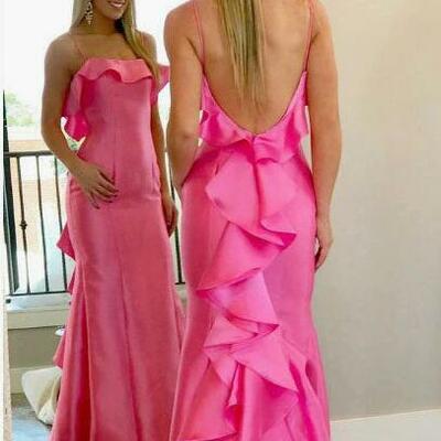 Gorgeous pink satin long prom dress with ruffles - Thumbnail 2