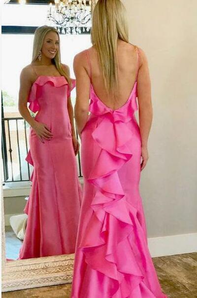 Gorgeous Pink Satin Long Prom Dress With Ruffles