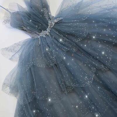 Shiny spaghetti straps tulle a-line blue prom dresses  - Thumbnail 3
