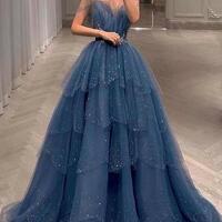Shiny Spaghetti Straps Tulle A-Line Blue Prom Dresses  - Thumbnail 1