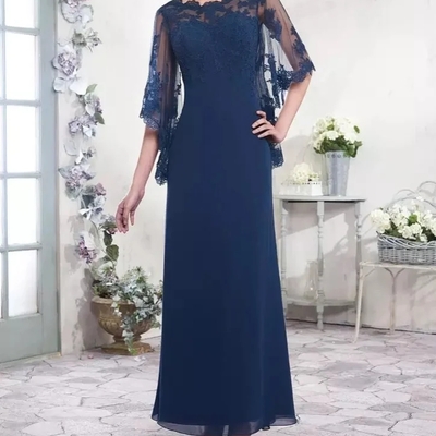 Navy blue mother of the bride dress o-neck chiffon a-line cape half sleeve lace applique formal wedding evening mother gowns