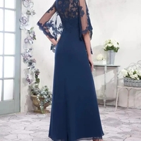 Navy Blue Mother of the Bride Dress O-Neck Chiffon A-Line Cape Half Sleeve Lace Applique Formal Wedding Evening Mother Gowns - Thumbnail 1