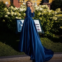 Elegant Royal Blue Lace Mother Of The Bride Dress Scoop Neck Three Quarter Sleeves Bow Belt Satin A-line Mother Gowns - Thumbnail 2