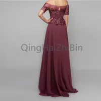 Boat Neck A-Line Short Sleeve Burgundy Mother of the Bride Dresses Sequined Lace Appliques Chiffon Wedding Guest Prom Dress - Thumbnail 1