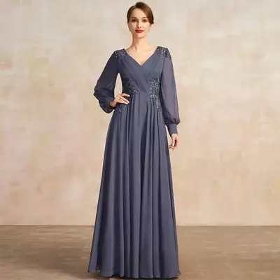 Classic a-line lace appliques mother of the bride dresses full sleeve long prom gown simple chiffon draped bridal mom dress