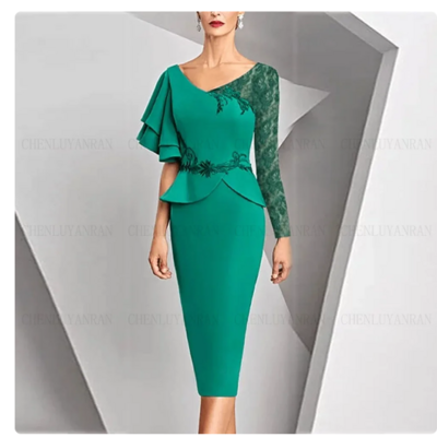 Green mother of the bride /groom dresses sheath v-neck long sleeves jersey appliques lace beading bride mother beautiful dress