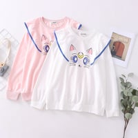 New Sweet Academy Wind Cartoon Big Eye Embroidered Round Neck sweater - Thumbnail 5