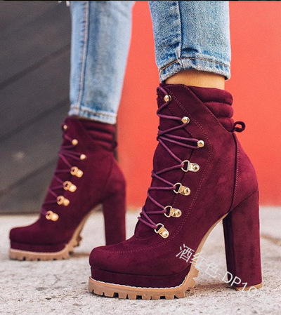 Women's Lace Up Studded Booties Suede Heels