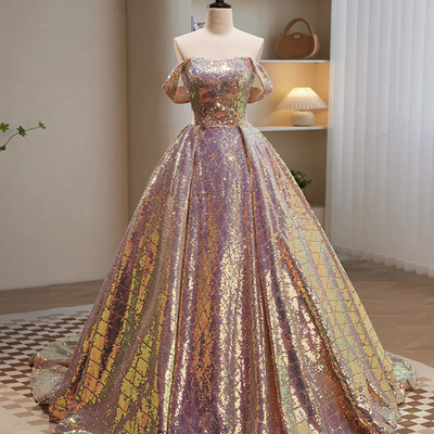 Shiny sequins off the shoulder long a-line prom dress - Thumbnail 1