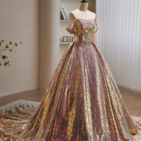 Shiny Sequins Off the Shoulder Long A-Line Prom Dress - Thumbnail 3