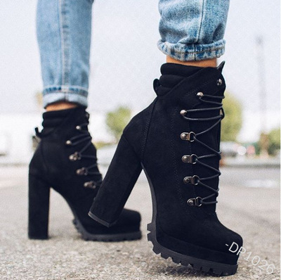  Women's Lace Up Studded Booties Suede Heels