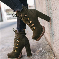  Women's Lace Up Studded Booties Suede Heels - Thumbnail 1