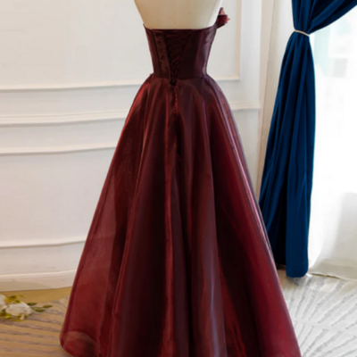 A line burgundy organza burgundy long prom dress, burgundy long evening dress kpp1658