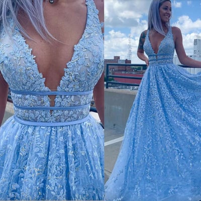 V neck prom dresses tulle appliques - Thumbnail 3